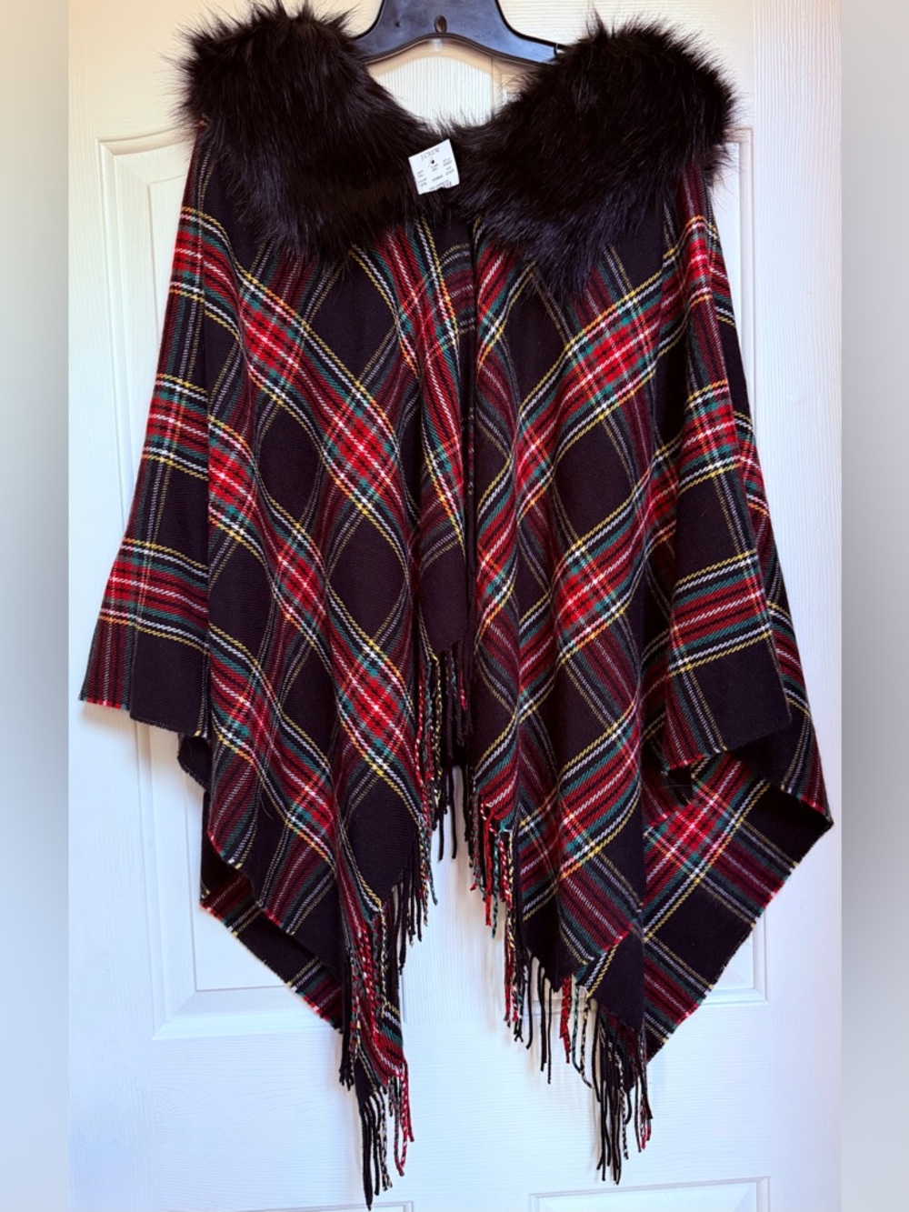 J. Crew Plaid Fringe Poncho with Faux Fur Collar - Black, Red & Green NWT